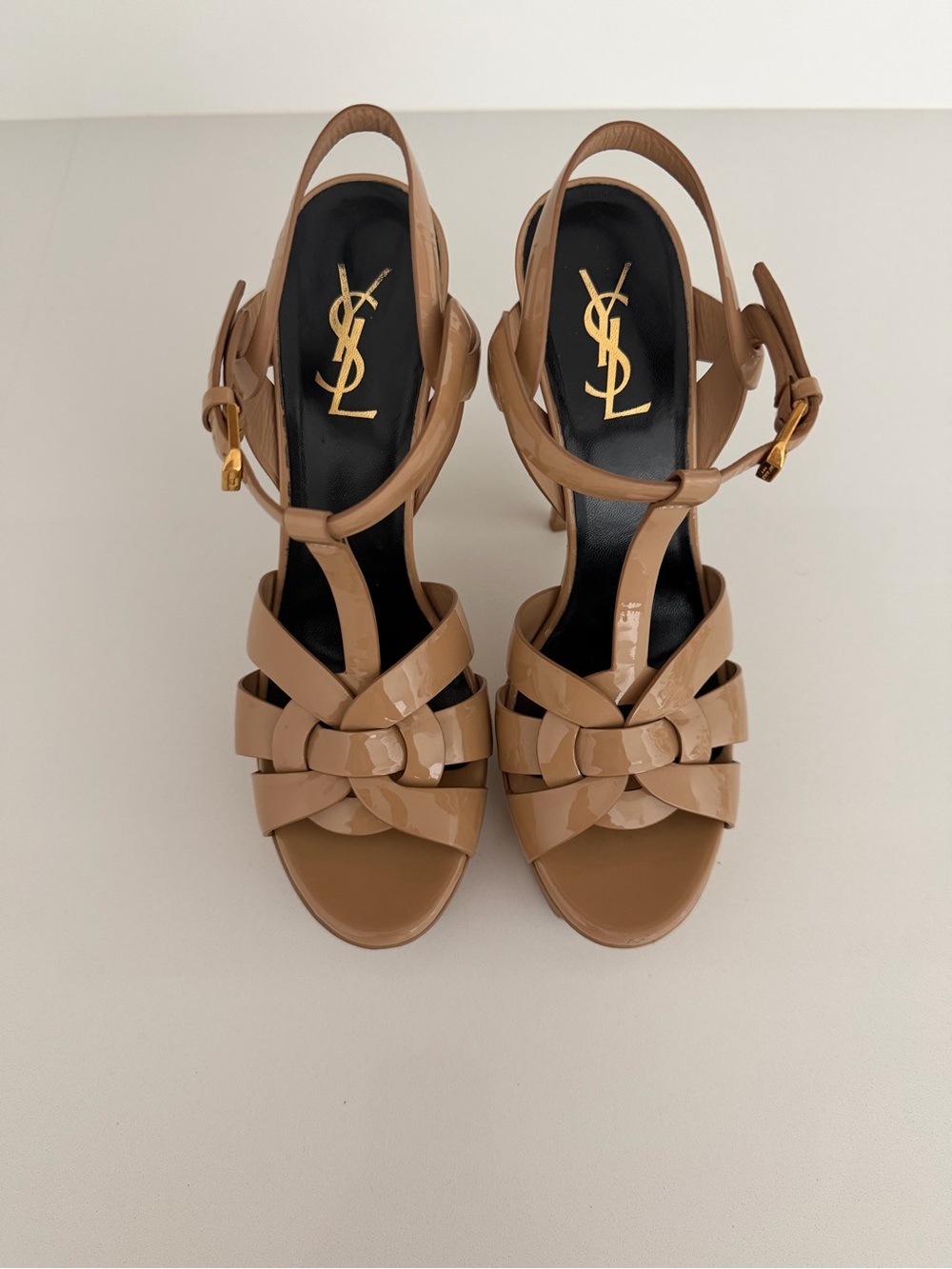 Saint Laurent Tan Patent Leather Knotted Slingback Heels